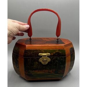 Vtg Wooden Octagon Purse Decoupage Forsyth Park Savannah Lacquered Lucite Handle